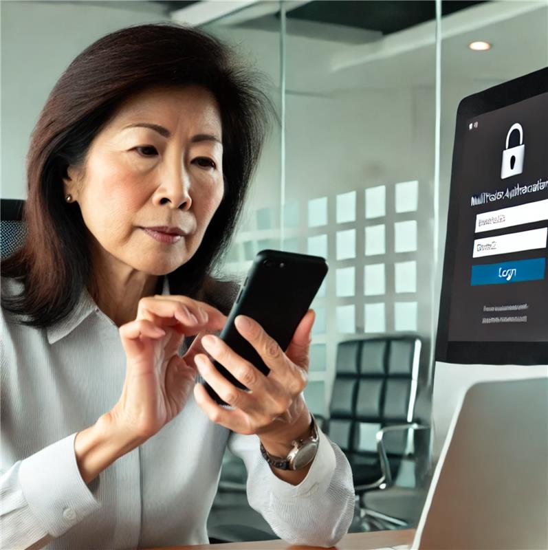 Woman sitting at office desk with laptop and smartphone